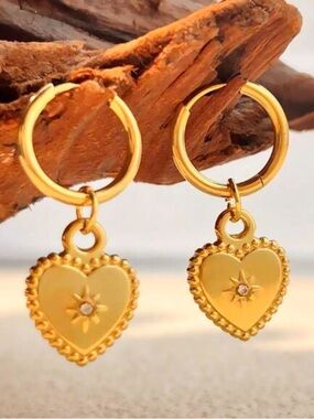 Yellow Gold Heart Charm Hoop Earrings - Unbranded